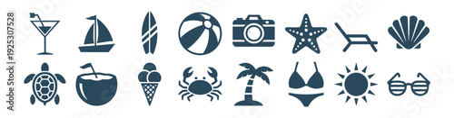 Summer beach icon set vector, tropical vacation sea sun palm cocktail and travel symbols isolated on transparent background