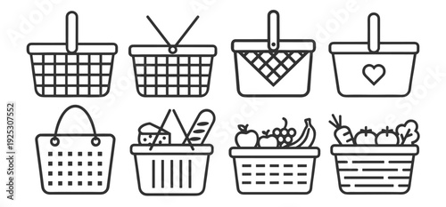 Shopping basket outline icon set vector, grocery market picnic and food containers isolated on transparent background