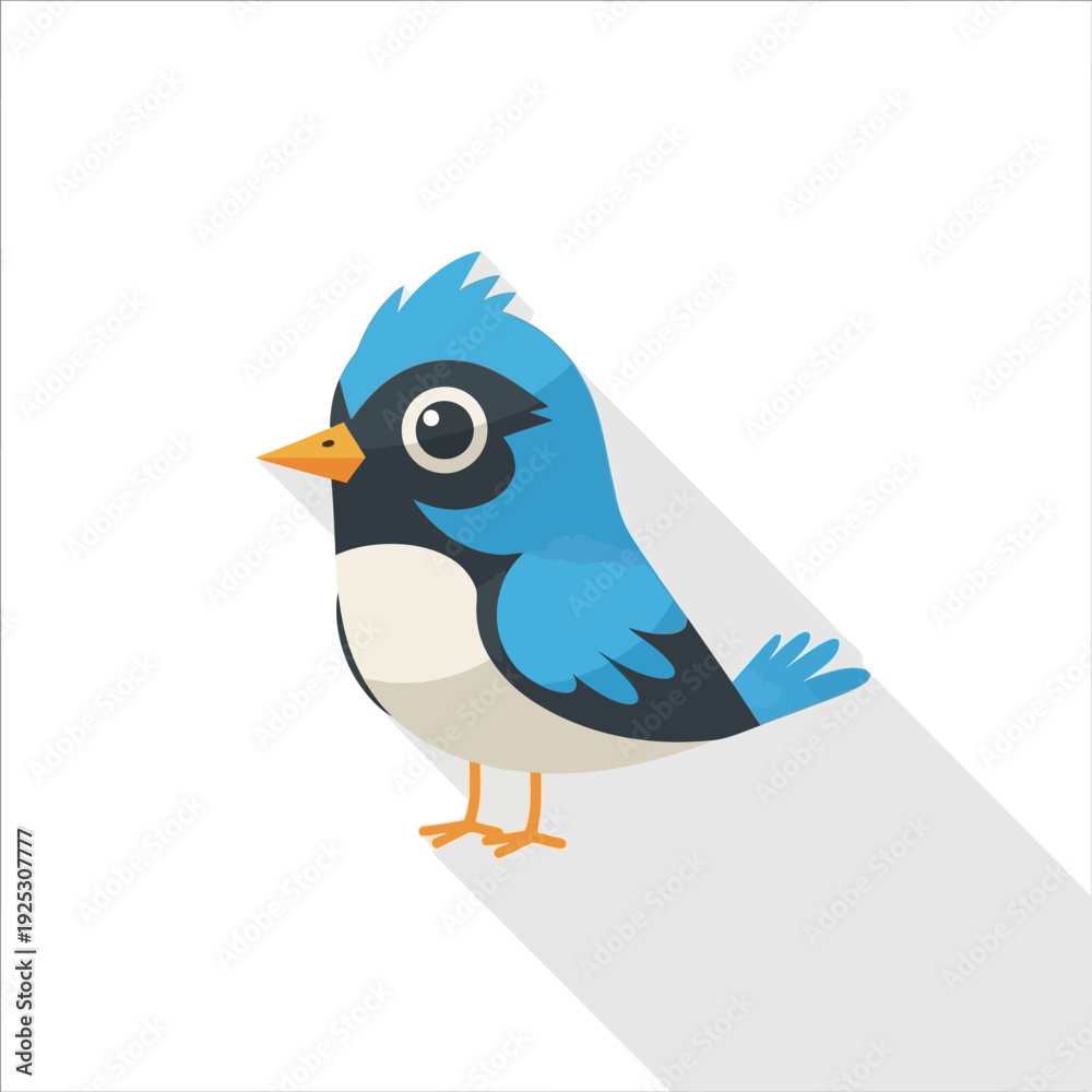 Fototapeta premium Cute blue cartoon bird illustration with long shadow, flat design