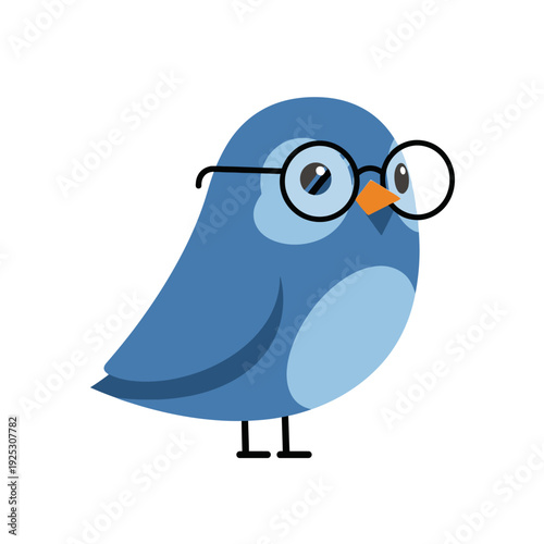 Cute blue cartoon bird wearing round glasses, looking smart and curious.