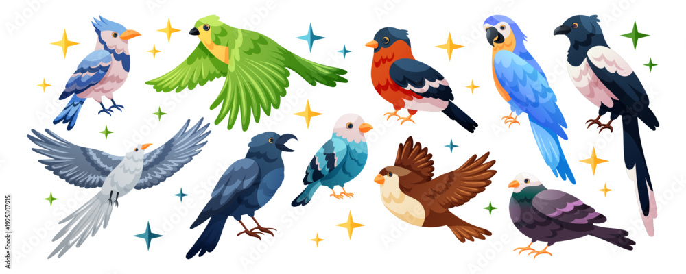 Obraz premium Birds cartoon. Animal fly. Different character, parrot with colorful feather. Sparrow, funny pigeon, bird with wing, beak macaw, crow and raven. Flying zoo, wildlife nature. Game garish illustration