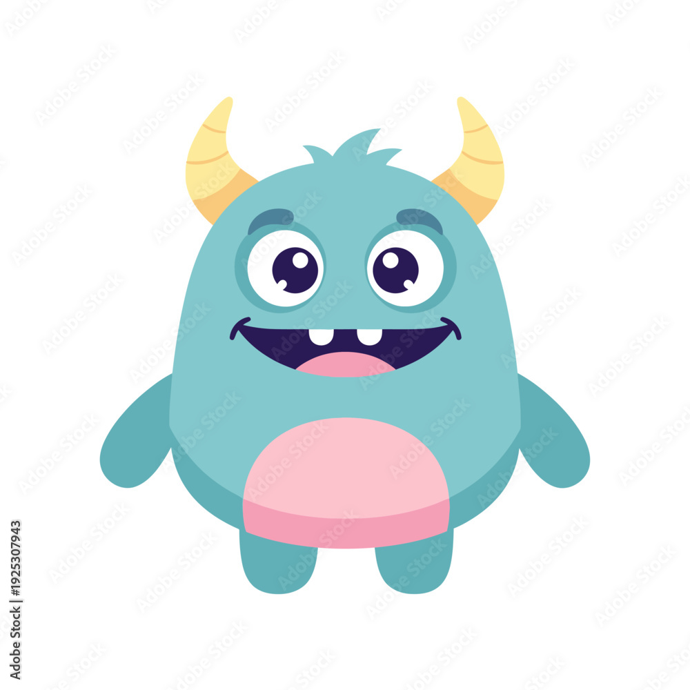Fototapeta premium Cute Blue Monster with Horns and Pink Belly, Cartoon Character