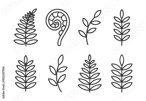 Botanical leaf outline icon set vector, plant branch foliage and fern elements isolated on transparent background