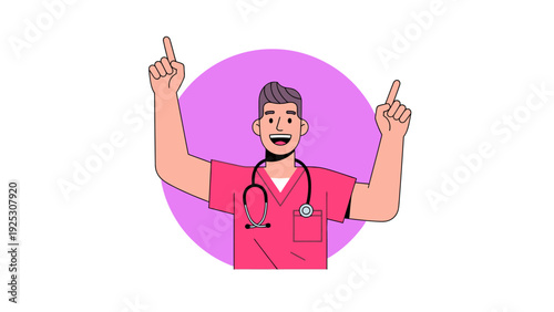 Happy Doctor or Nurse Pointing Upwards. Male Medical Professional in Scrubs Presenting, Recommending, or Giving Attention. Modern Healthcare Guidance Illustration.