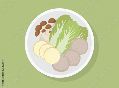 healthy meal plate featuring fresh napa cabbage, shimeji mushrooms, sliced tofu, and protein meatballs