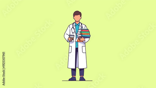 Dedicated Medical Doctor or Student Holding Stack of Books and Coffee Cup. Healthcare Education, Residency, and Study Hard Work Vector Illustration.