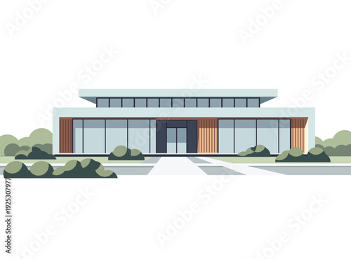 modern minimalist office building or showroom featuring large glass windows, wood paneling, and clean architectural lines, surrounded by simple green bushes