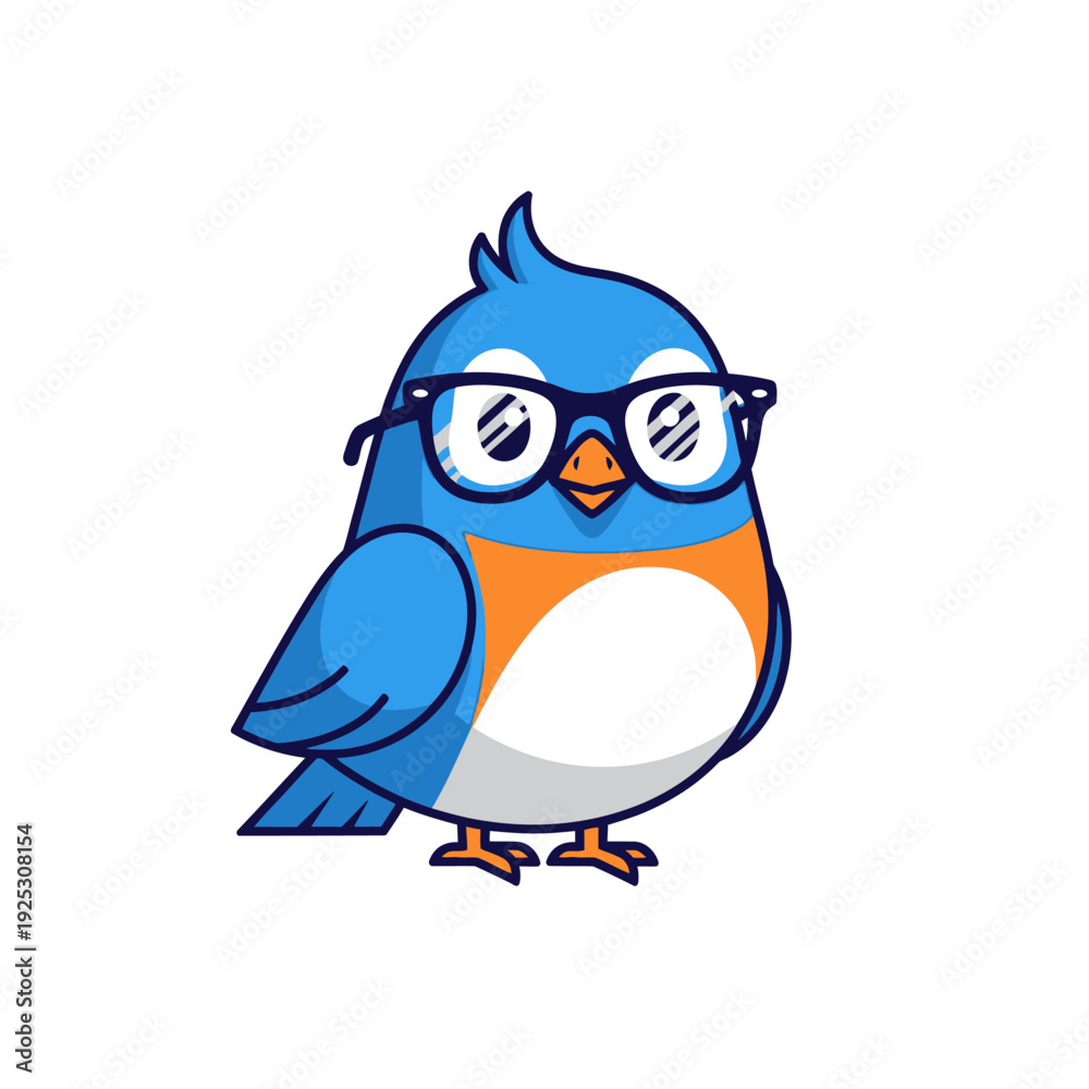Fototapeta premium Cute cartoon blue bird with glasses, smart and friendly, vector illustration