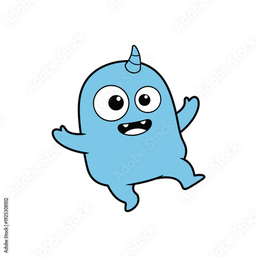 Cute Blue Monster with Unicorn Horn Dancing Joyfully