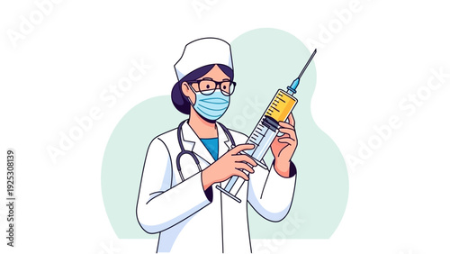 Female Doctor in Mask Preparing Large Syringe for Vaccine Injection. Flat Vector Illustration of Healthcare Worker.