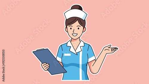 Friendly Female Nurse Cartoon Illustration. Smiling healthcare professional holding a clipboard and gesturing, isolated vector graphic for medical advice.