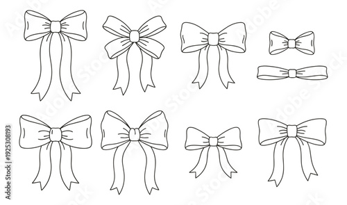 Ribbon bow outline icon set vector, decorative gift present knot elements isolated on transparent background