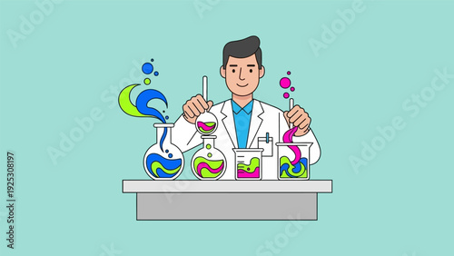 Cartoon Scientist Mixing Colorful Chemicals in Laboratory Glassware – Modern Vector Illustration of Chemistry Experiment and Research