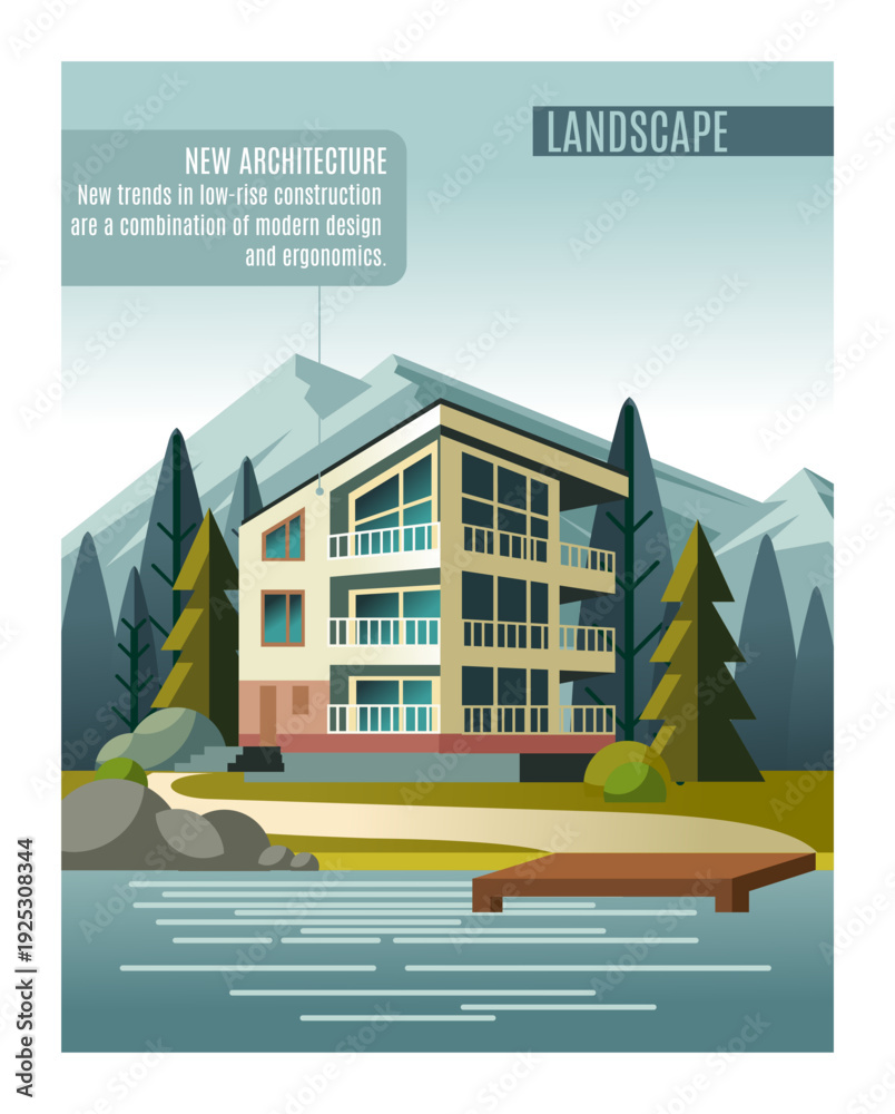 Fototapeta premium Architecture in nature. Summer mountain landscape. Real estate sell. Realtor advertising. Property purchase. Mansion sale or mortgage. Pier at lake water. Modern house. Vector promotion banner design