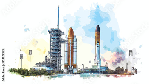 Kennedy Space Center. Kennedy Space Center hand drawn watercolor illustration
