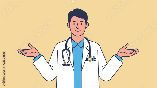 Friendly Male Doctor Explaining or Presenting Idea with Open Hands Gesture. Healthcare Physician in Lab Coat Line Art Illustration for Medical Advice and Welcome.