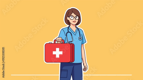 Smiling Female Healthcare Worker Holding First Aid Kit. Professional Nurse or Doctor Mascot Character Illustration.