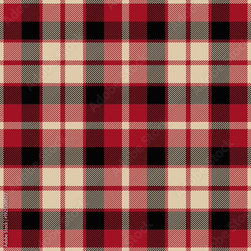 Red, beige and black tartan plaid. Scottish pattern fabric swatch close-up. 