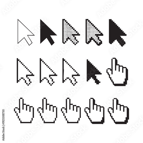 Pixelated computer mouse pointers and hand cursor in black and white