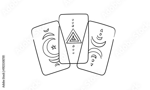 3 Tarot cards, continious line drawing. Magic, esotericism, occultism line art. Vector illustration
