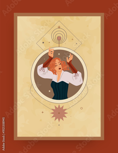 Woman magic. Young female Boho portrait. Mystic line symbols. Spiritual stars and abstract sun astrology icons. Beautiful people profile. Mystical girl face. Occult pentagram. Vector esoteric card