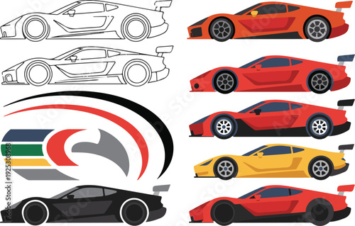 Sports Car Silhouette and Color Variations Vector Set