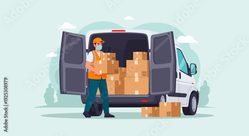 Delivery Worker in Mask Unloading Boxes from Van. Essential Shipping, Logistics & E-commerce Services During Pandemic