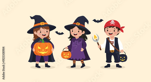 Happy Kids Trick-or-Treating in Halloween Costumes: Cute Cartoon Witches and Pirate with Pumpkins