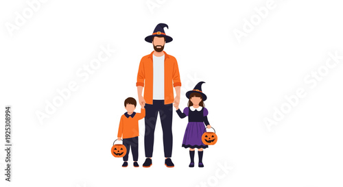 Happy Father and Children in Halloween Costumes Trick or Treating with Pumpkin Buckets - Festive Family Illustration
