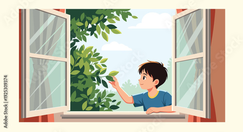 Curious young boy looking out of an open window and touching the green leaves of a tree on a beautiful sunny day at home.