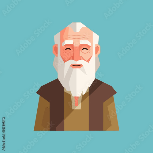 Elderly Man Portrait, Wise Old Man with White Beard and Kind Smile, Flat Design