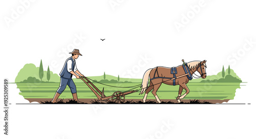 Traditional farmer using a horse-drawn plow to cultivate the soil in a wide green agricultural field under a clear sky.