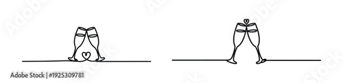 Continuous line drawing of champagne glasses clinking with heart for celebration toast anniversary