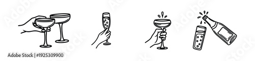 Set of wine glasses toasting icons, hands holding and clinking glasses, celebration black and white