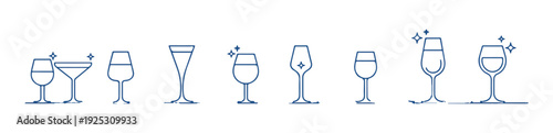 Assorted line art glasses for drinks with sparkles and bubbly effect on white background