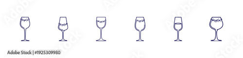 Set of elegant outline champagne flutes and wine glasses with sparkles on white