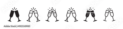 Champagne glasses icon set black collection celebrating new year anniversary party event toast