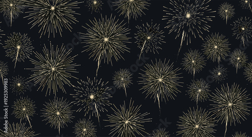 Vibrant golden fireworks bursting and lighting up the dark night sky in a festive celebratory pattern background.