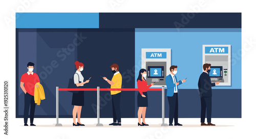 Group of diverse people wearing protective face masks and waiting in a socially distanced line to use the ATM outdoors.