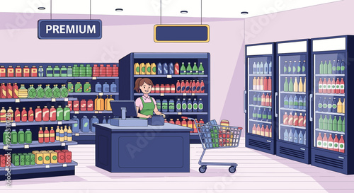 Young female cashier standing behind the checkout counter in a fully stocked modern grocery store with many products.