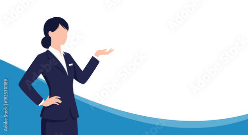 Professional businesswoman in a dark suit gesturing towards copy space on a clean and modern white and blue background.