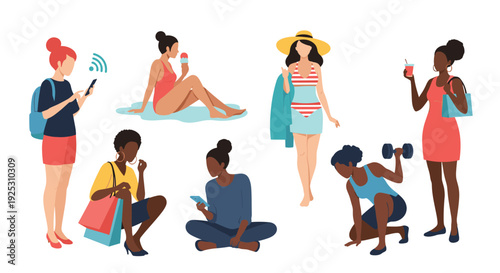 Diverse group of women participating in various summer lifestyle activities like exercising, shopping, and relaxing.