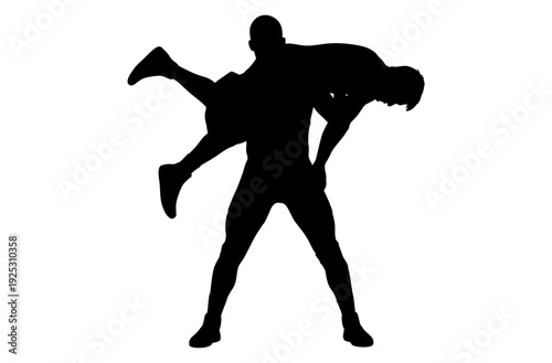 Dynamic Silhouette of Two Athletes Engaged in a Powerful Wrestling Hold Illustration