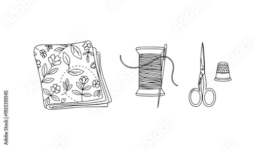 set of toolsMinimalist Embroidery Supplies and Floral Stitch Pattern Line Art Vector on White Background