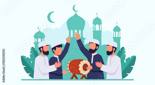 Happy Muslim Men Celebrating Islamic Festival with Drum, Mosque and Crescent Moons Vector Illustration