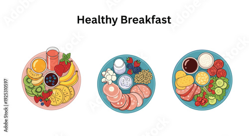 Three delicious and colorful plates of healthy breakfast food including fruits, meat, and vegetables for a balanced meal.