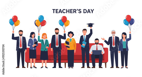 Teacher's Day Celebration with Diverse Educators and Balloons - Appreciation Event Vector Illustration