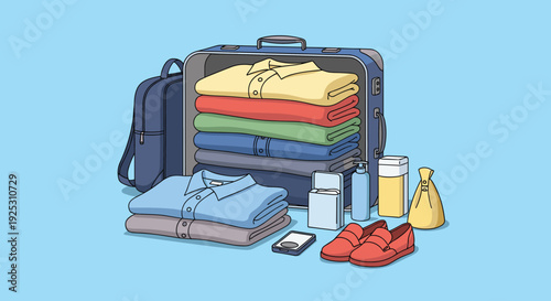 Open blue suitcase is neatly packed with folded colorful clothes, shoes, toiletries, and a smartphone for a planned trip.