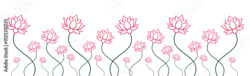 Horizontal border of minimalist lotus flowers with pink outlines and wavy green stems, elegant floral pattern vector illustration isolated on white background.