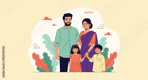 Happy Indian family with parents and two young children stands together in traditional attire against a soft background.